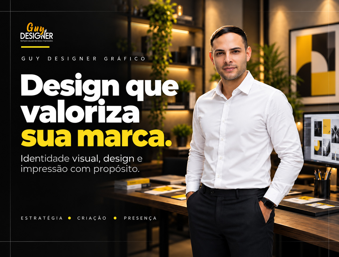 Guy Designer Gráfico em estúdio — design que valoriza sua marca